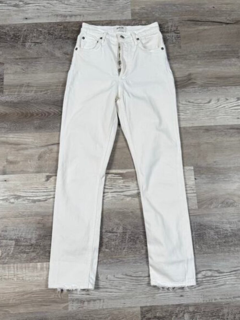 AGOLDE White Denim Jeans Riley Long High Rise Button Fly Raw Hem Minimalist 24